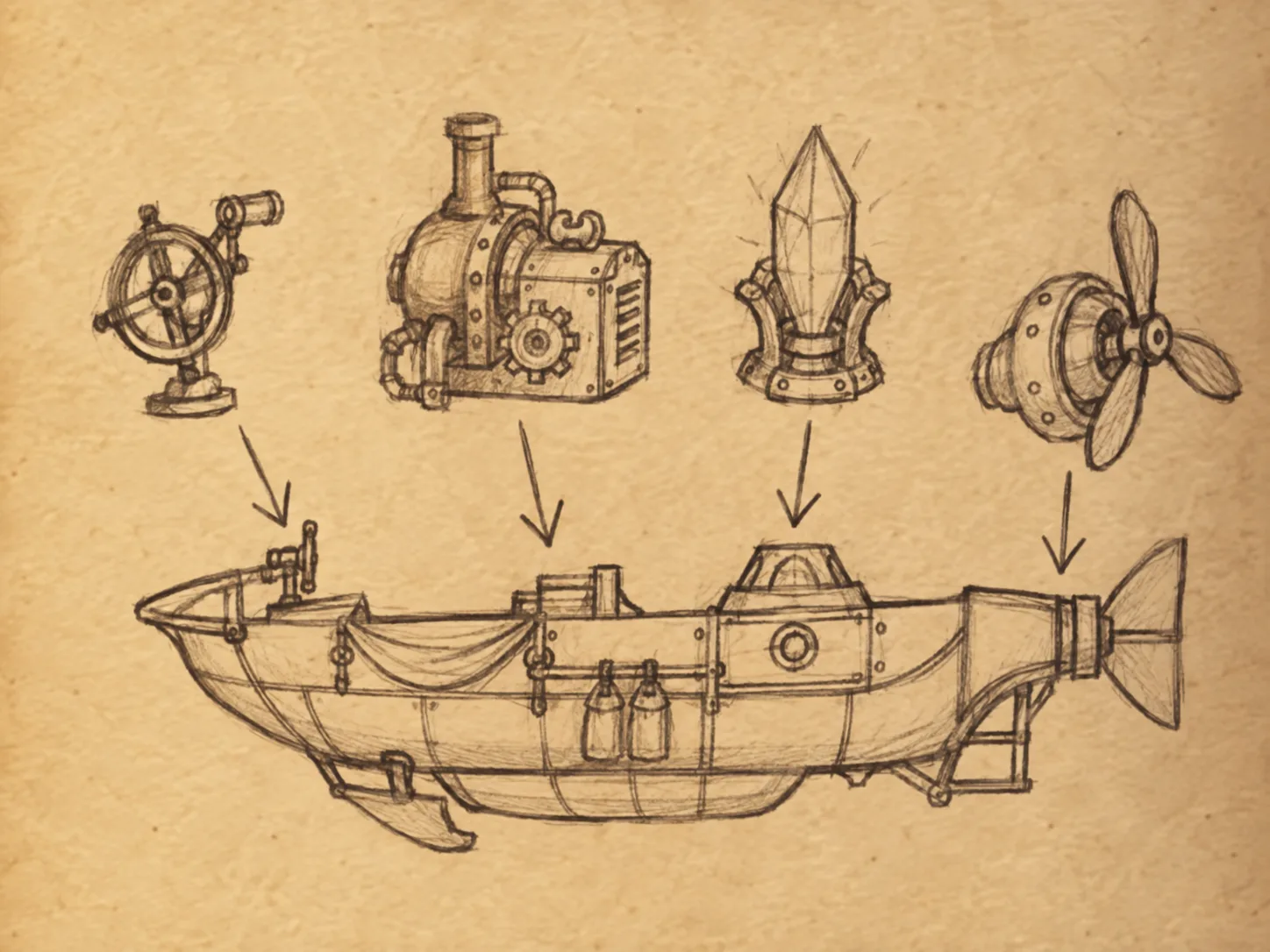 A field sketch of the flying machine and the four parts that go into it